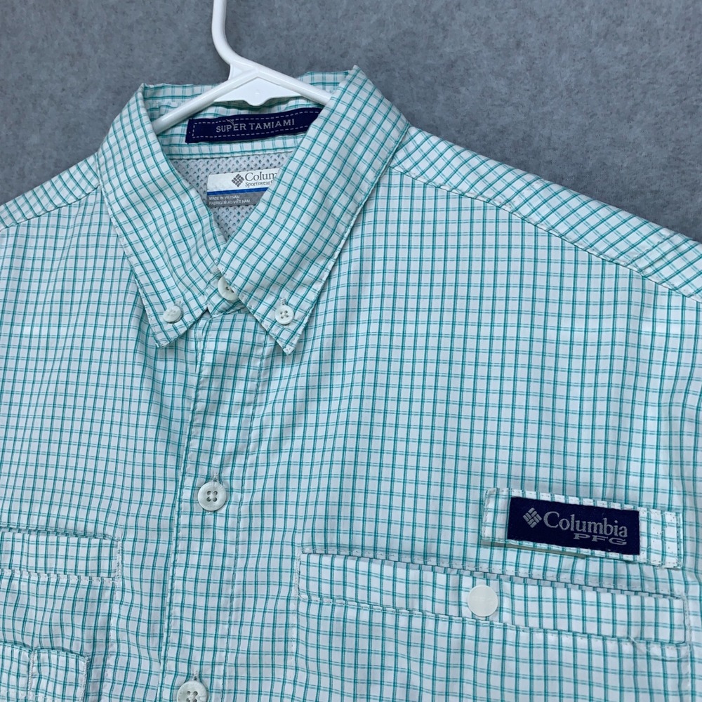 Columbia PFG Super Tamiami Shirt Mens Small Teal Plaid Omni-Shade FM7189